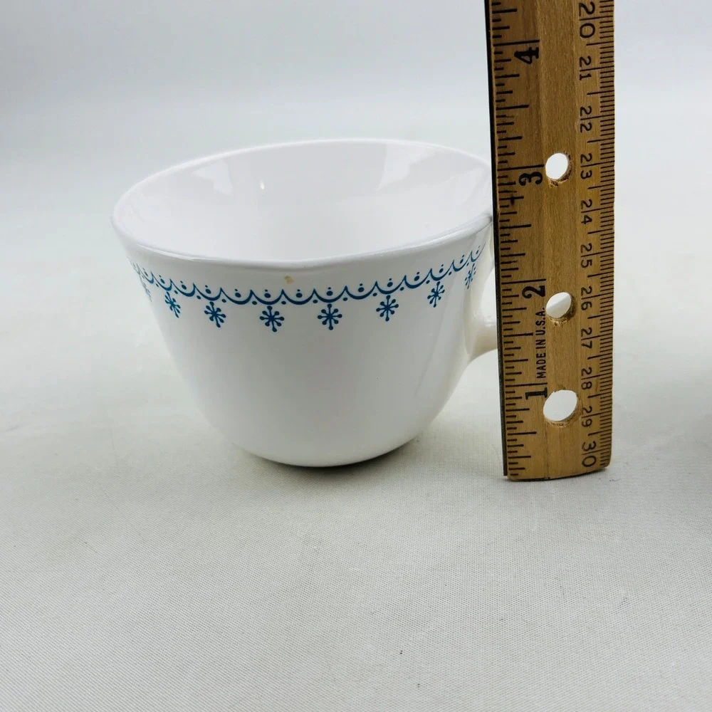 Corelle Snowflake Blue 6 Flat Cup & Saucer Sets White Ring Handle Vintage‎